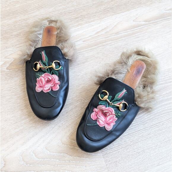 Gucci Black Leather Fur Loafers Embroidered Princetown Flat Slipper Mules - Picture 1 of 6